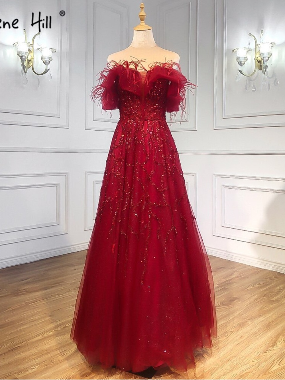 Off-Shoulder Burgundy Red Sequin Tulle Gown - Picture 3 of 4